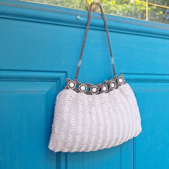 Beaded Mini Bag Sequin Purse Handmade Pearly White Metal Sequence Wedding bags - Picture 3 of 10